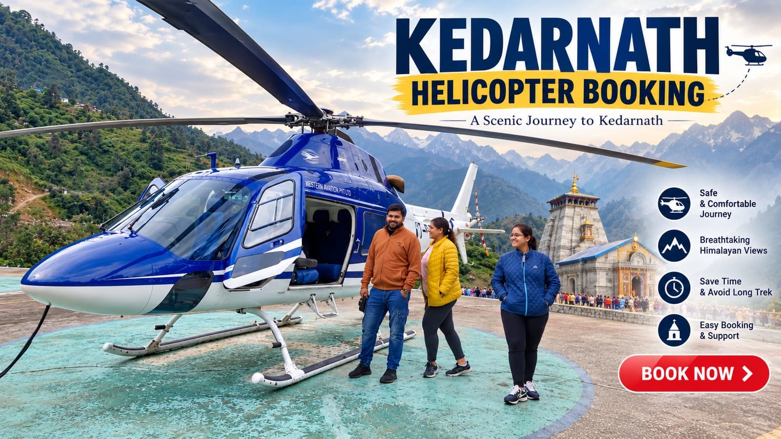 elicopter landing at Kedarnath helipad with the temple in the background